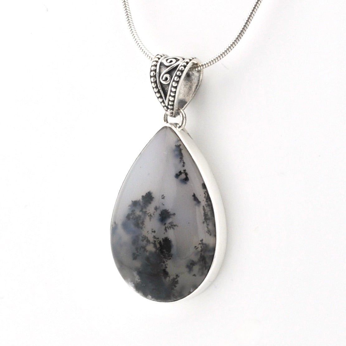 Sterling Silver Dendritic Agate 20x30mm Tear Bali Pendant