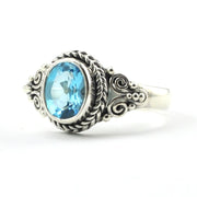 Sterling Silver Blue Topaz 6x8mm Oval Bali Ring