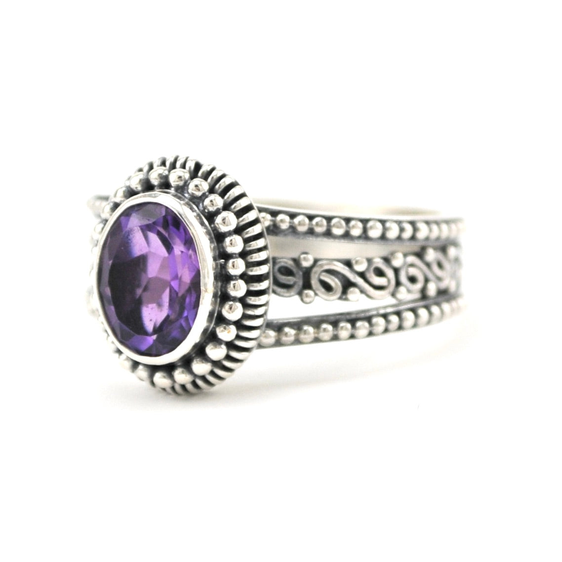 Silver Amethyst 6x8mm Oval 3 Band Scroll Ring