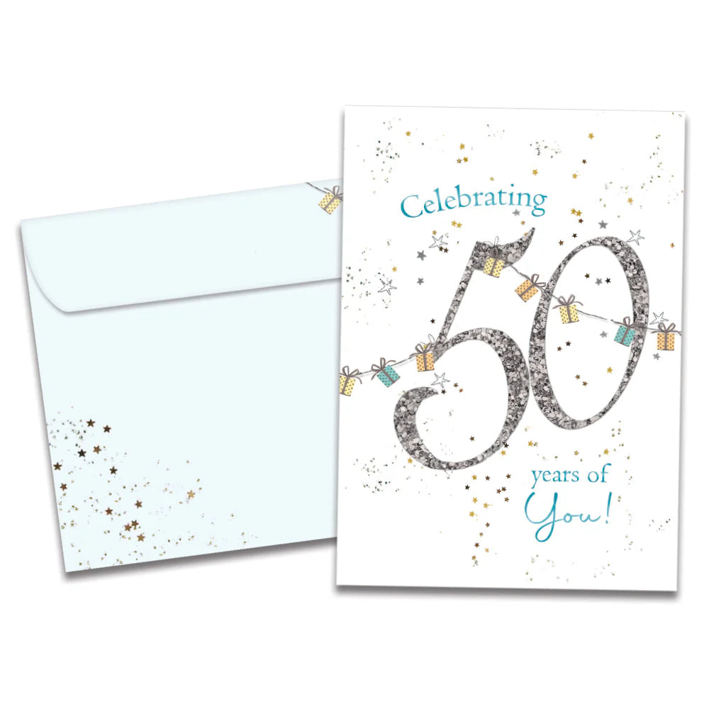 Greeting card with 'Celebrating 50 years of You!' text and decorative elements, accompanied by a matching envelope.
