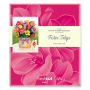 Greeting card with pop-up flower bouquet design and 'fresh cut paper' branding on a pink floral background.