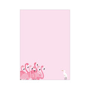 Pink background with pink flamingos and a white bird