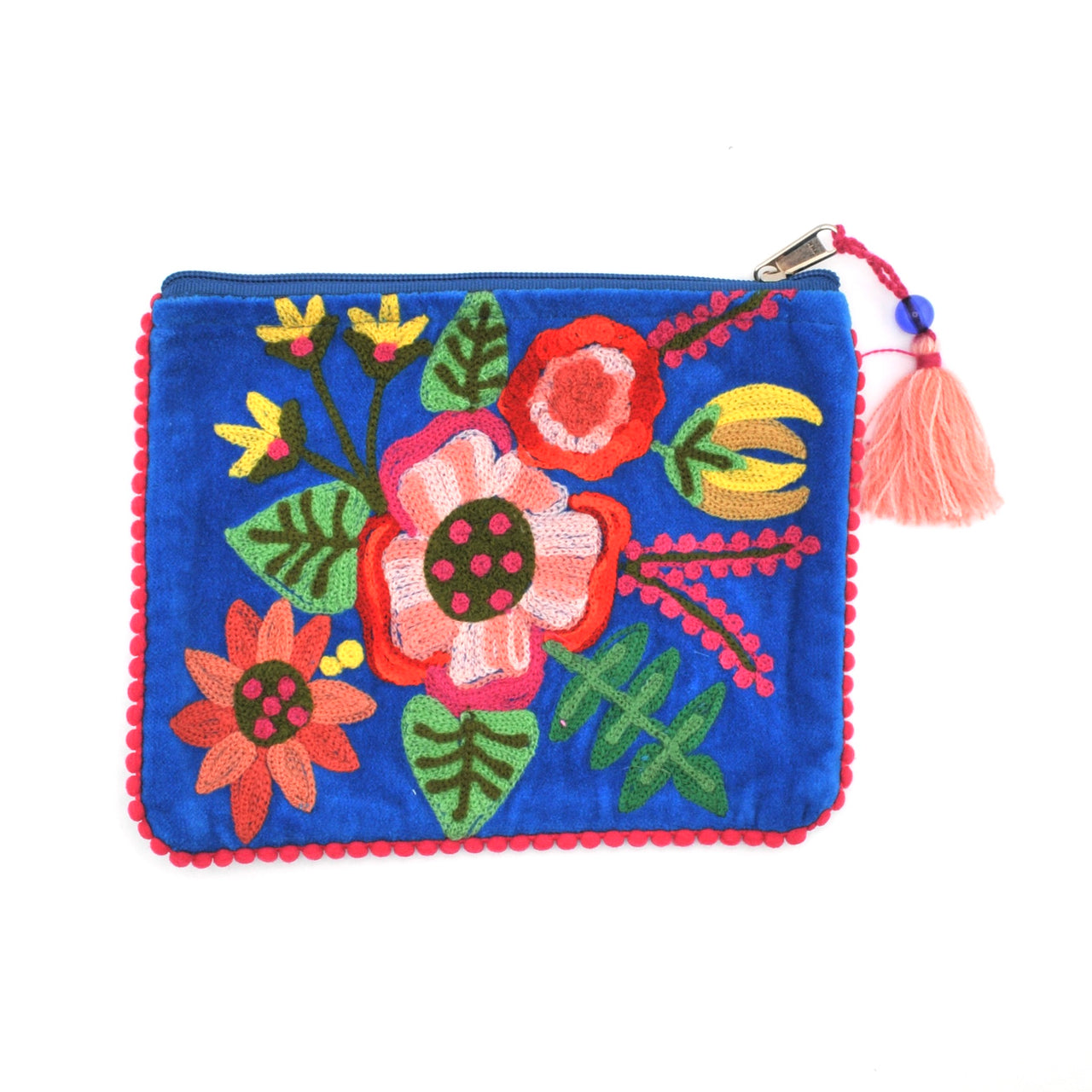 Blue embroidered pouch with colorful floral design and tassel on a white background