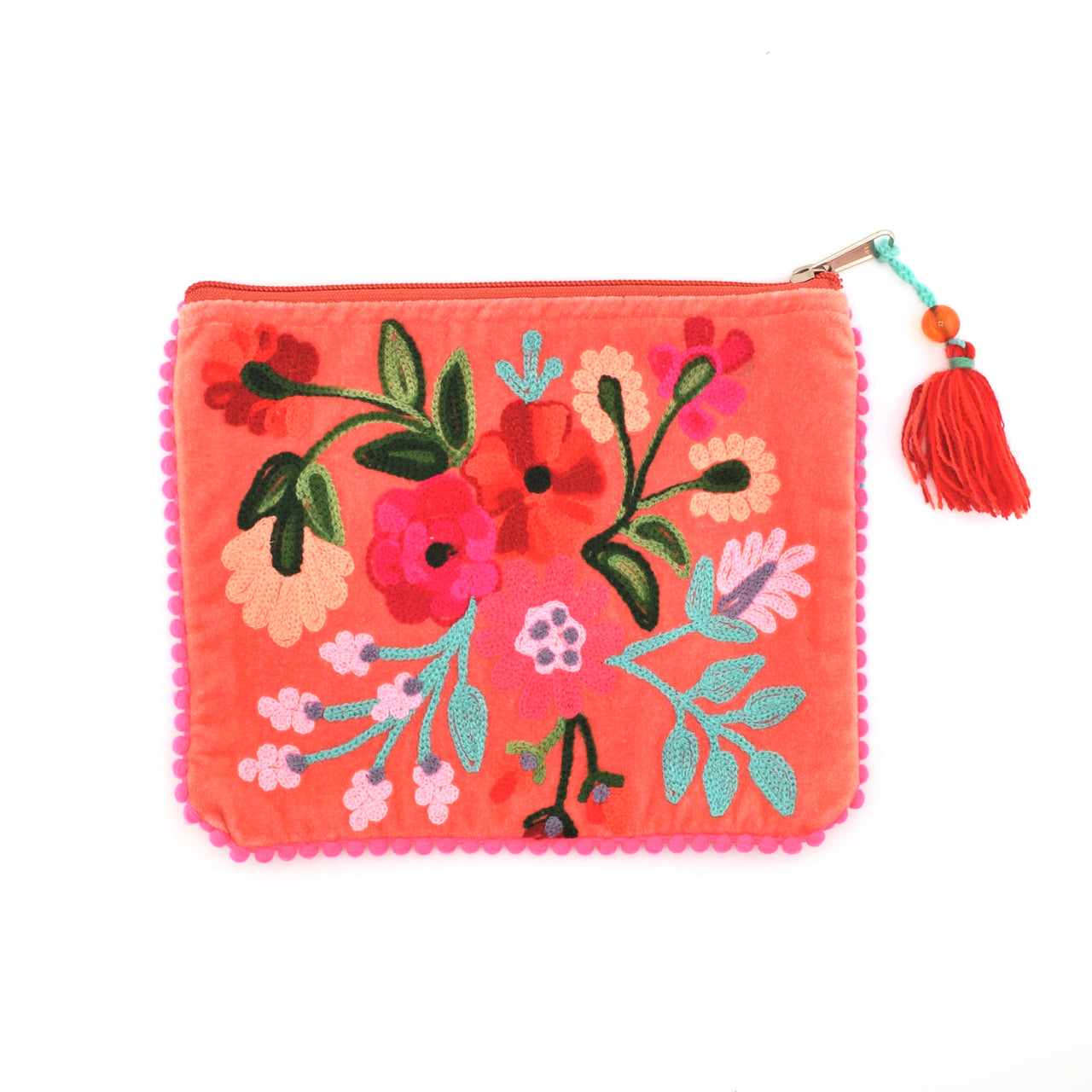 Floral embroidered pouch with a tassel on a white background