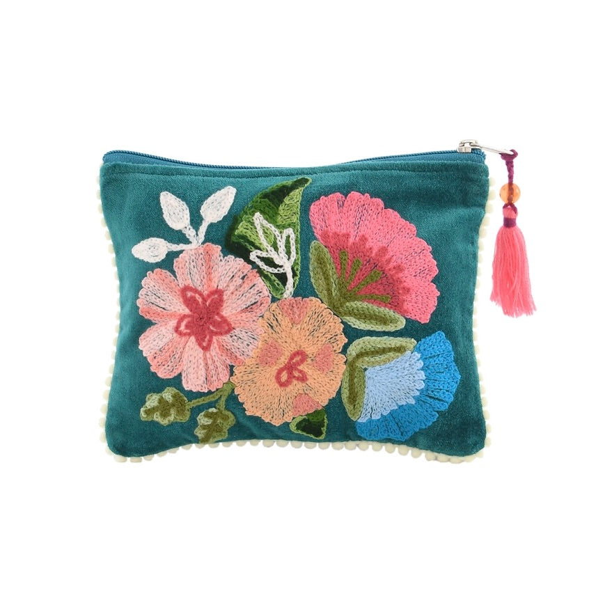 Embroidered floral pouch with tassel on a white background