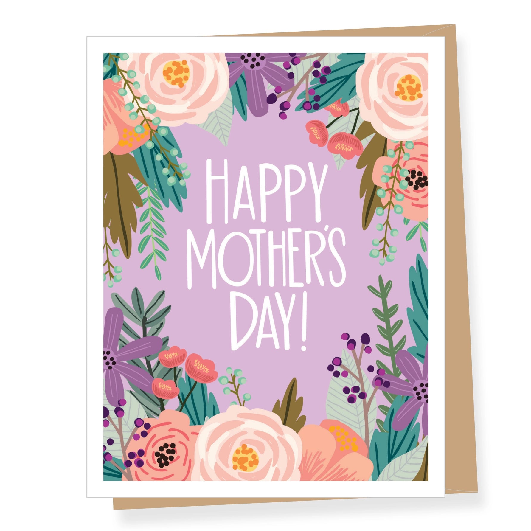 Greeting card with floral design and 'Happy Mother's Day!' text on a purple background