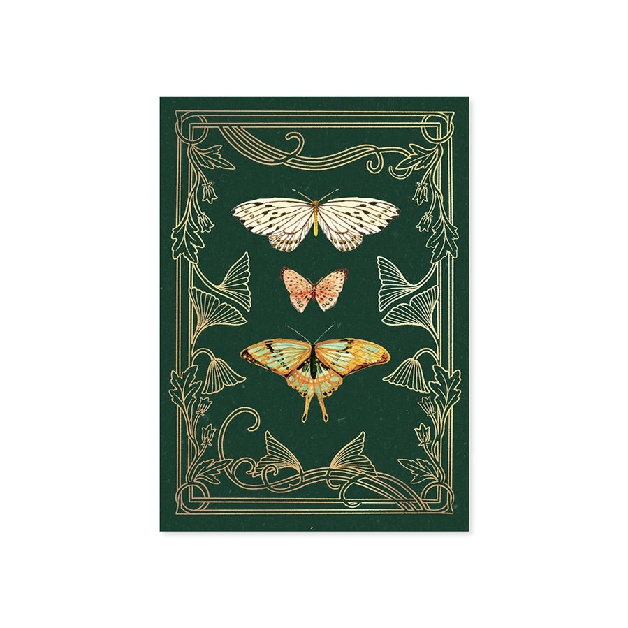 Decorative card with butterflies and floral patterns on a green background