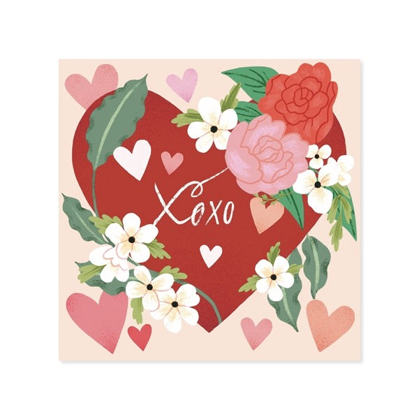 Heart-shaped card with flowers, hearts, and 'XOXO' text on a beige background