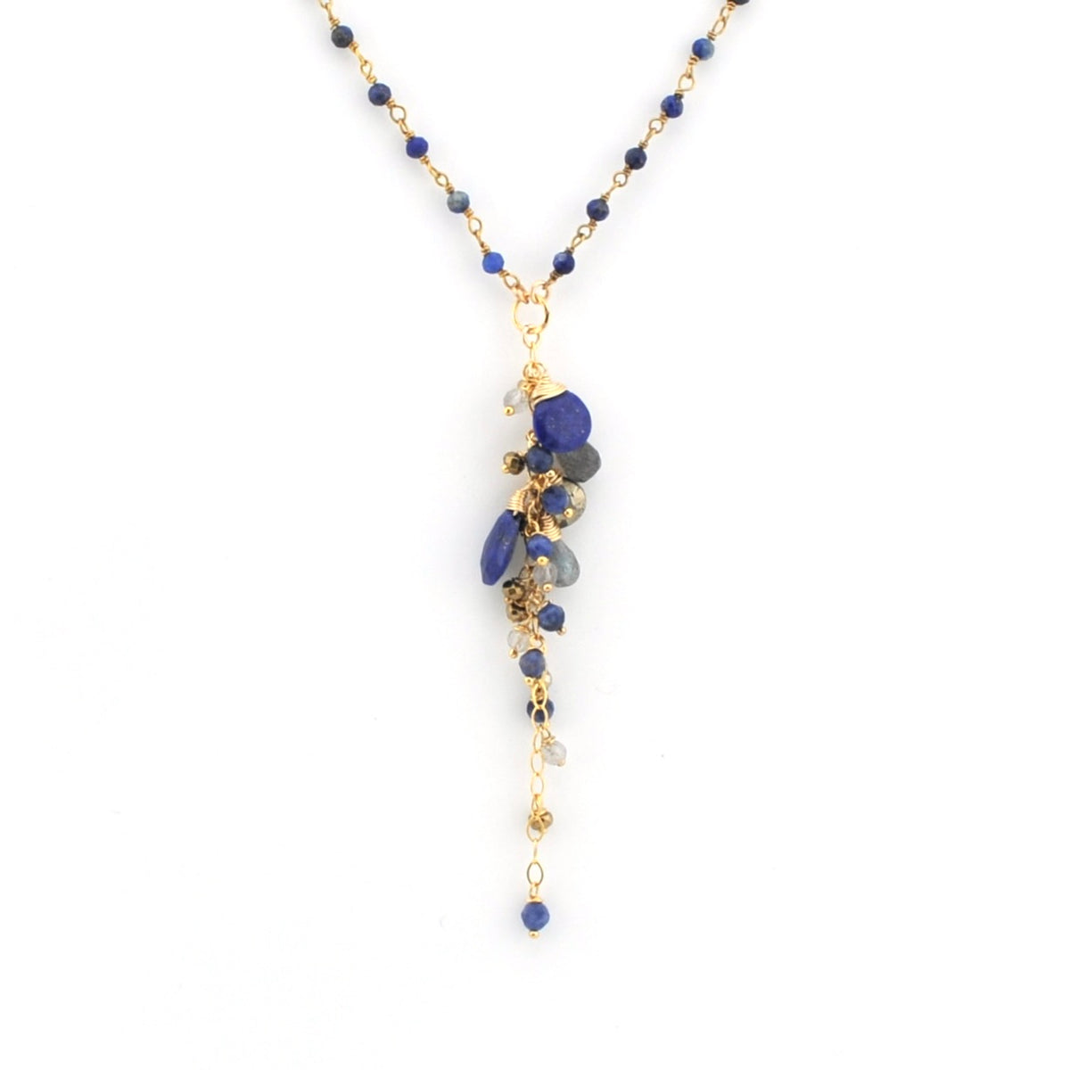 A gold-tone beaded necklace featuring a dangle pendant made of polished lapis lazuli and pyrite beads, shown against a plain white background.