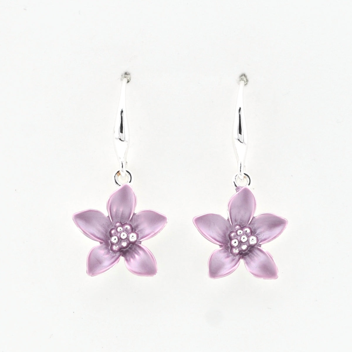 Front Mauve Five Petal Flower Dangle Earrings