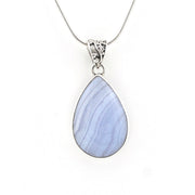 A silver teardrop pendant necklace featuring a light blue and lavender marbled stone, suspended from a delicate silver chain against a plain white background.