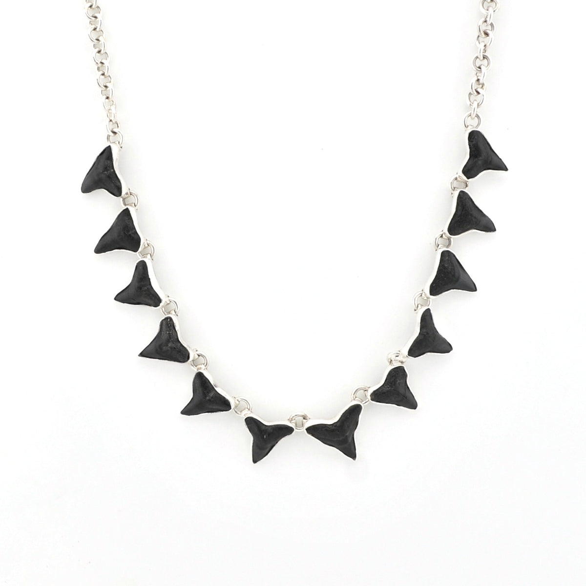 Silver necklace featuring 12 shark teeth on white background.