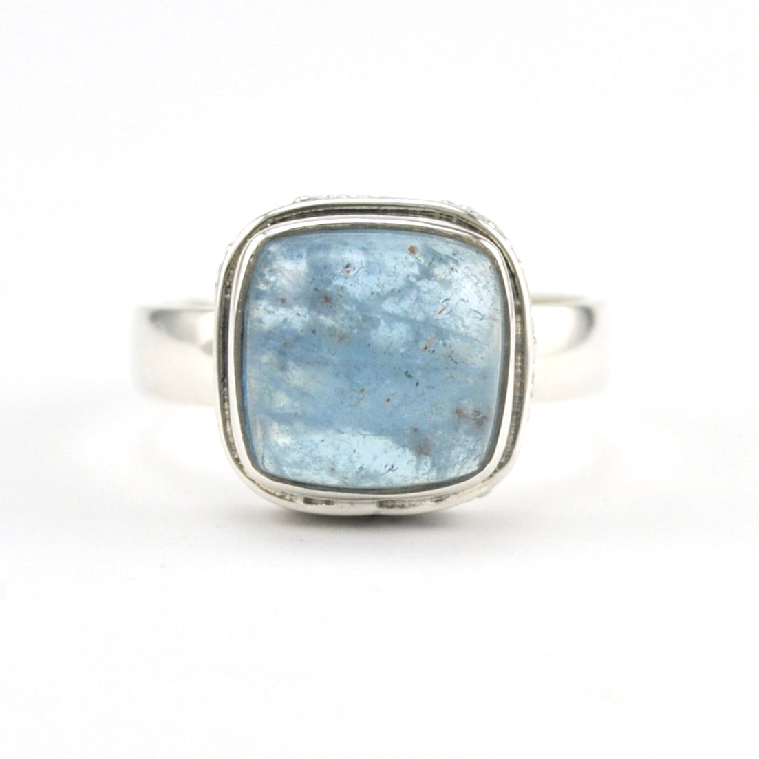 Front View Silver Aquamarine 10mm Square Bali Ring