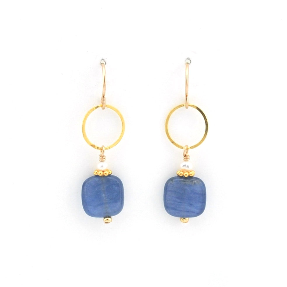 Pair of earrings with blue beads and gold hooks on a white background