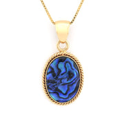 Gold necklace with a blue pendant on a white background