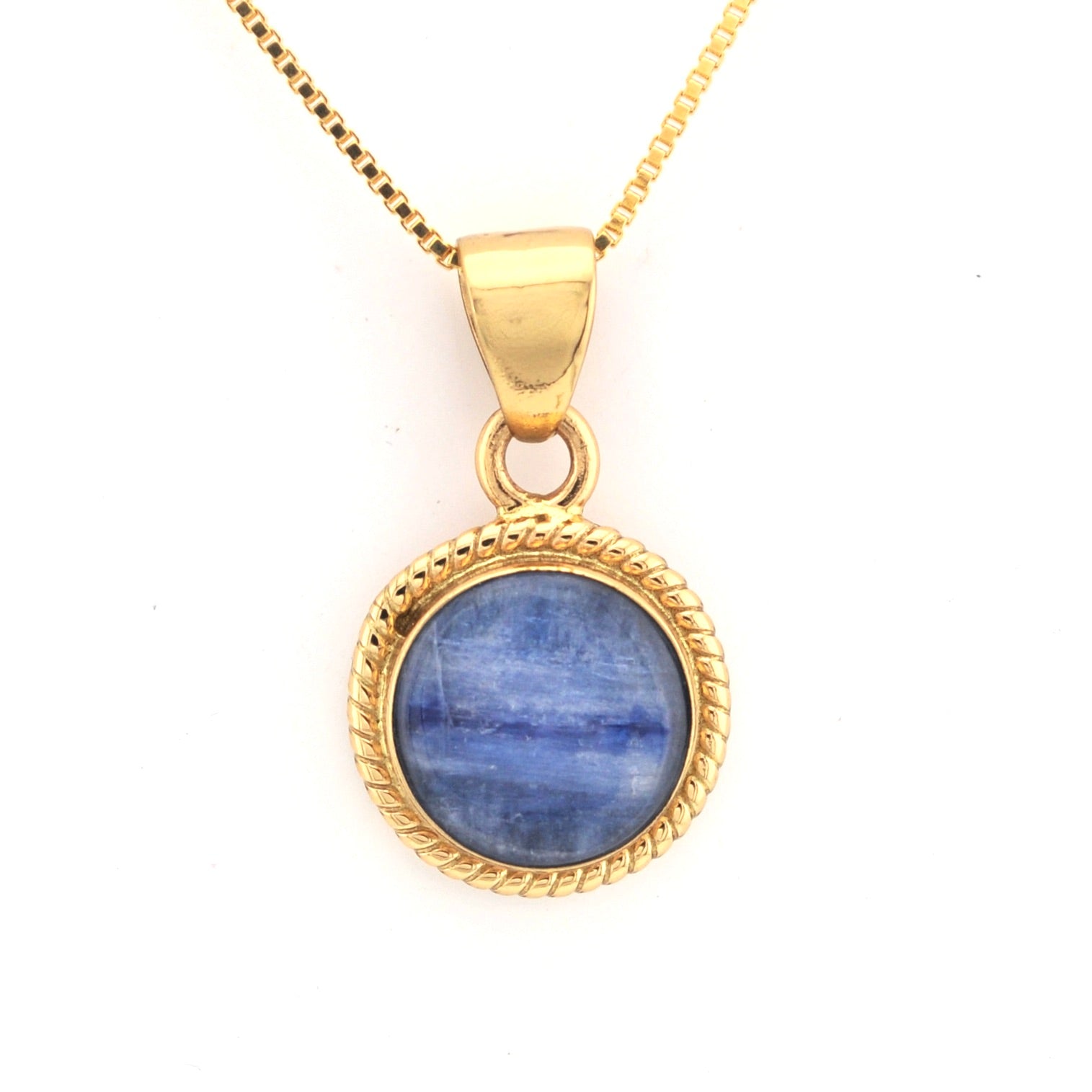 Gold necklace with a blue stone pendant on a white background
