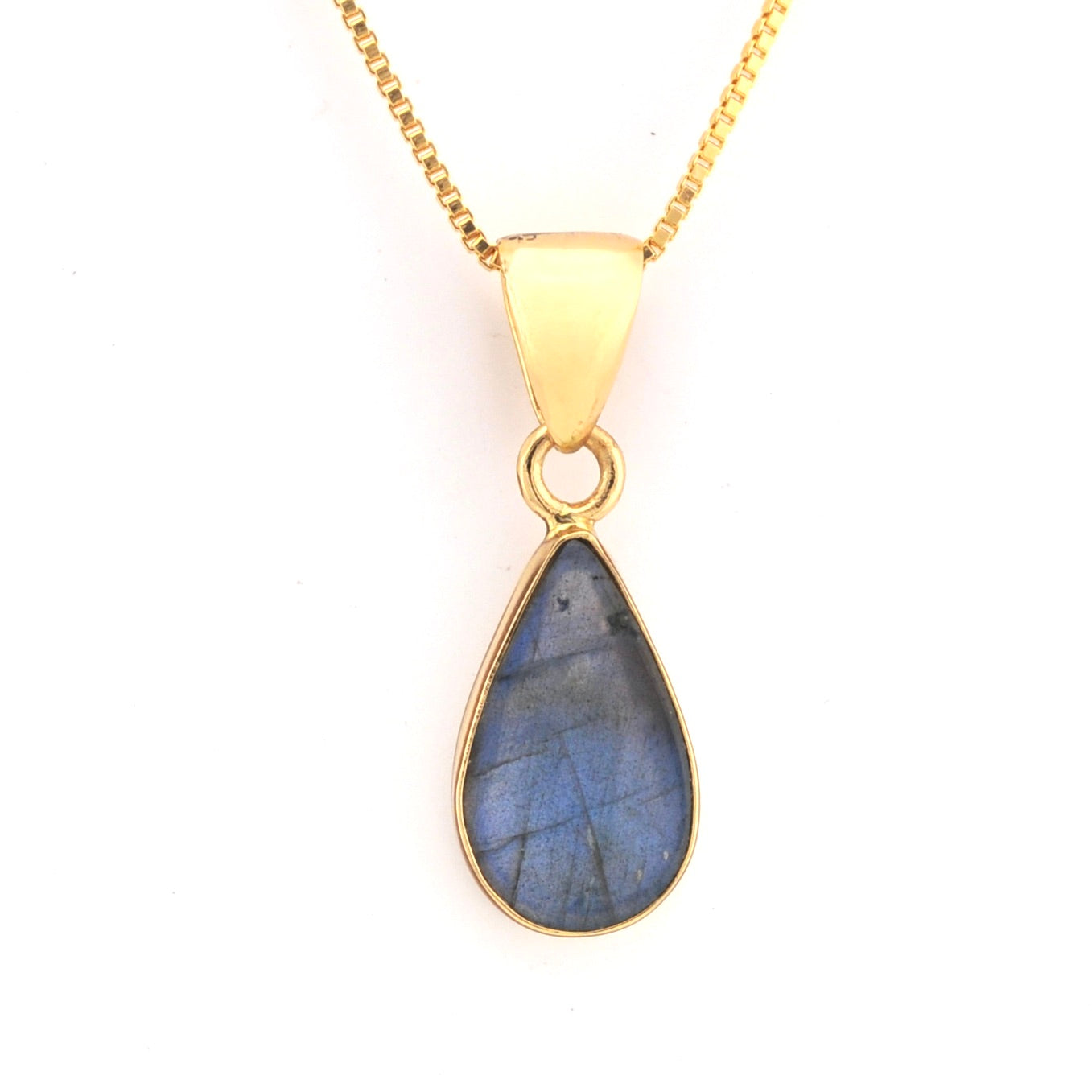 Gold necklace with a teardrop-shaped labradorite pendant on a white background