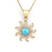 Gold sun-shaped pendant with a blue center on a white background