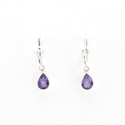 Pair of purple teardrop earrings on a white background