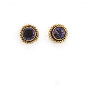 Pair of gold earrings with purple gemstones on a white background