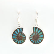 Pair of earrings with blue and brown circular design on a white background