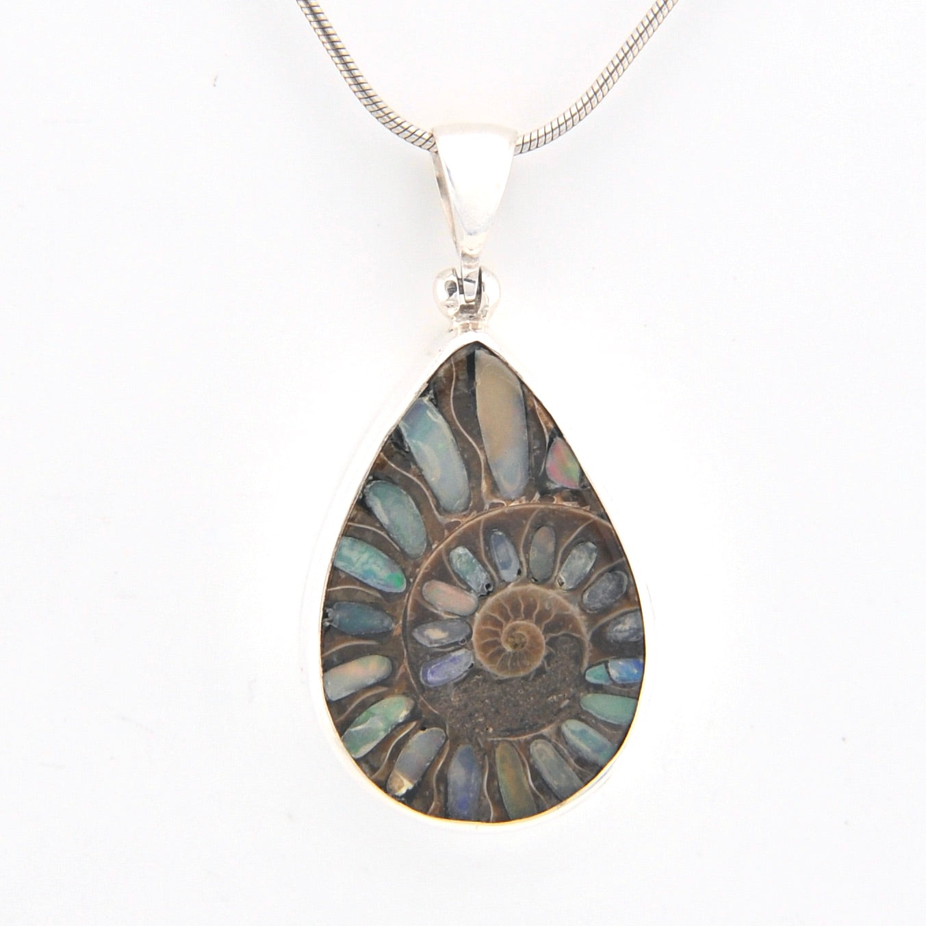 Teardrop-shaped fossil pendant on a white background