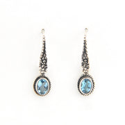 Pair of silver earrings with blue gemstones on a white background