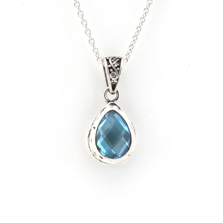 Front View Blue Topaz 7x10mm Tear Bali Necklace