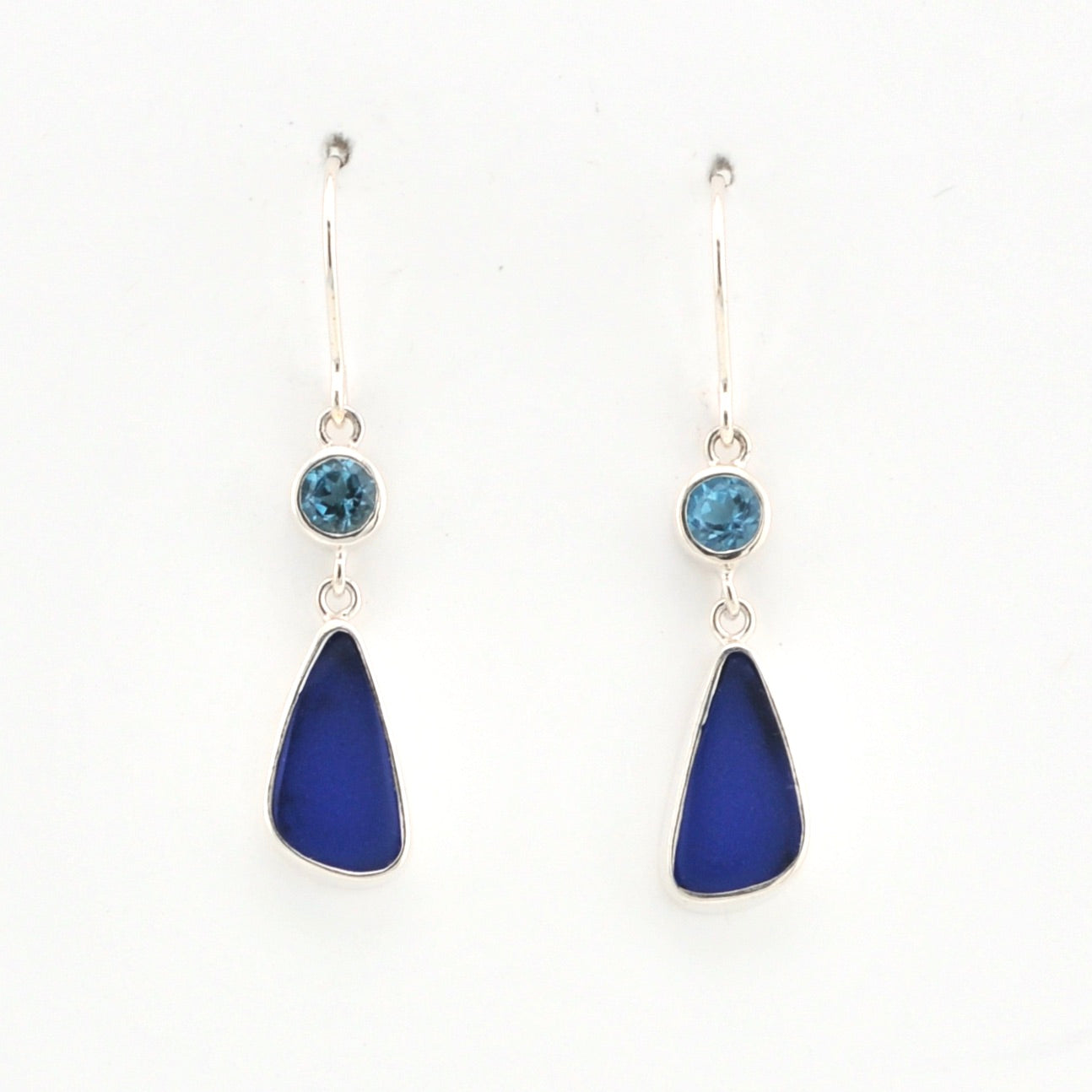 Front View Blue Topaz Cobalt Sea Glass Earrings