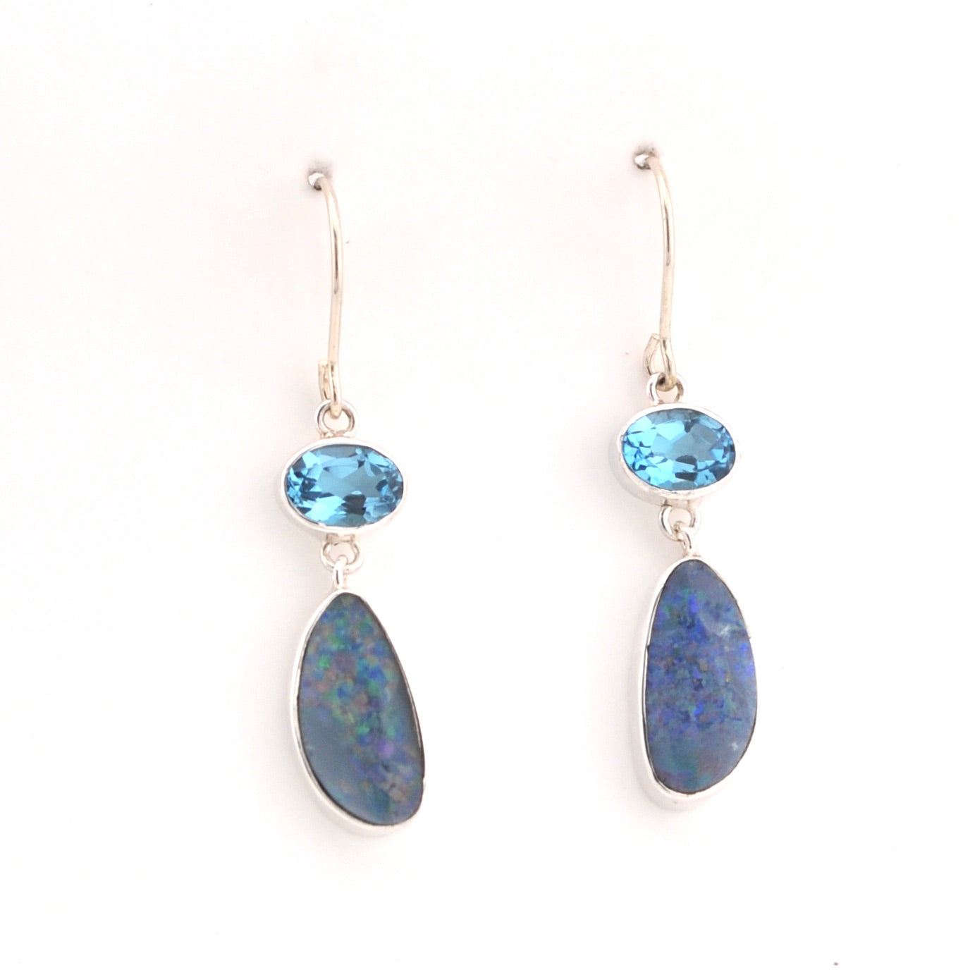 Front View Blue Topaz Opal Dangle Earrings