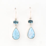Pair of earrings with teardrop-shaped light blue stones on a white background