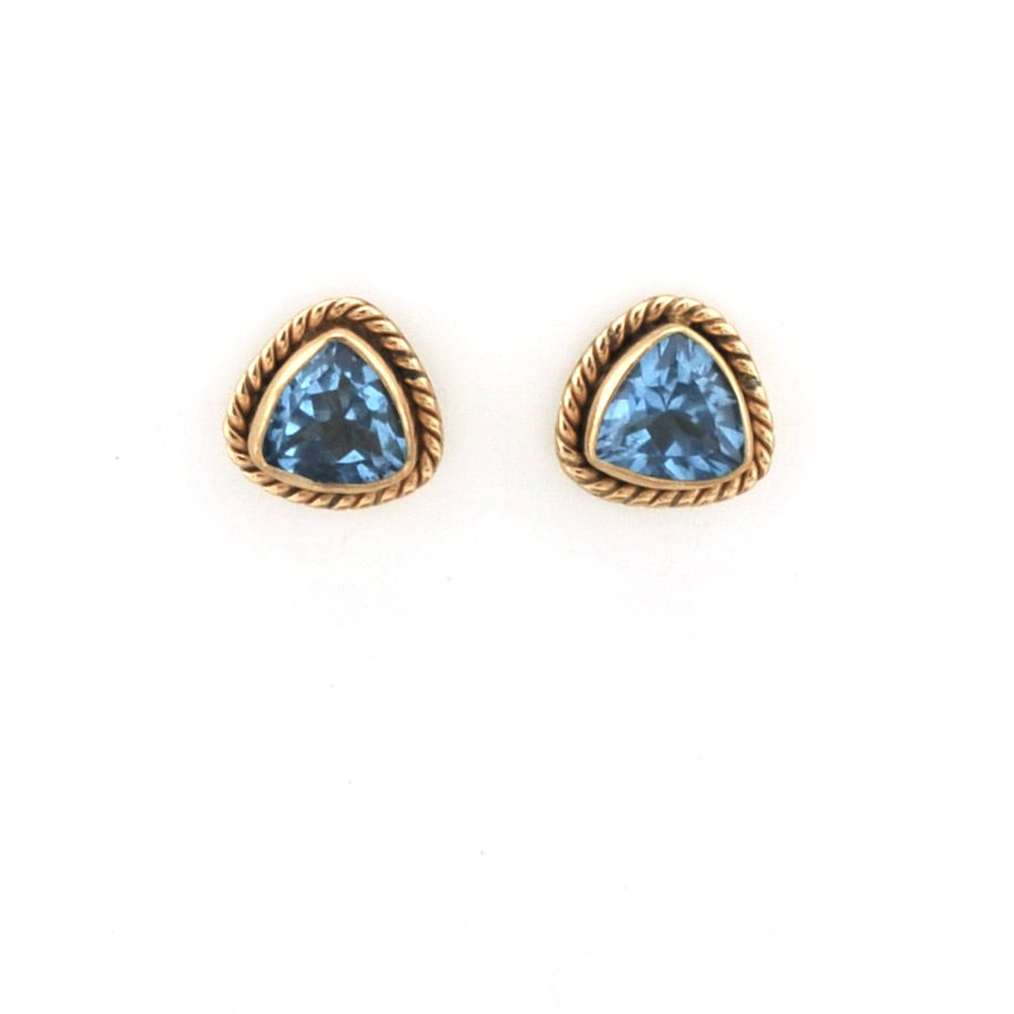 Pair of gold earrings with blue gemstones on a white background