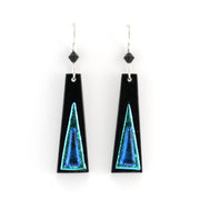 Black earrings with blue triangular designs on a white background