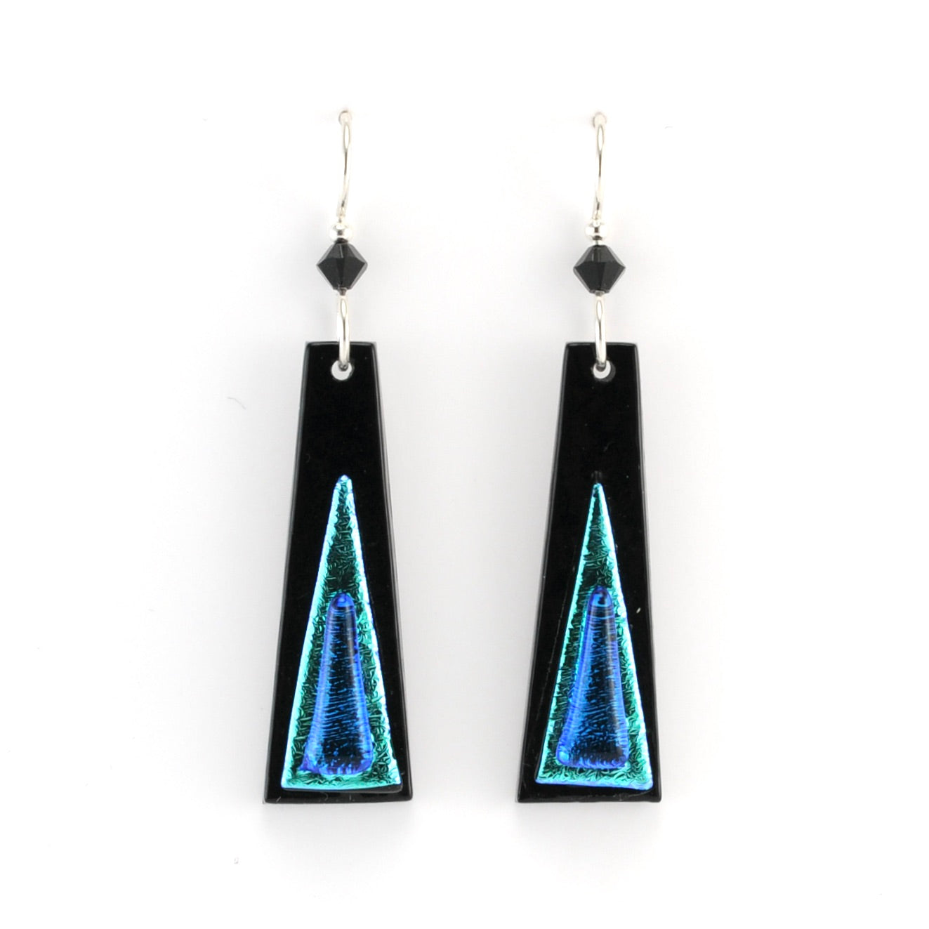 Black earrings with blue triangular designs on a white background