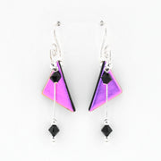A pair of silver dangle earrings featuring triangular purple and pink iridescent charms with black faceted beads, shown against a plain white background.