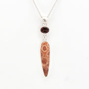 Front View Fossil Coral with Oval Garnet Necklace