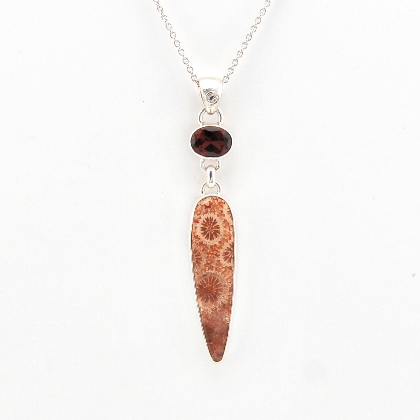 Front View Fossil Coral with Oval Garnet Necklace