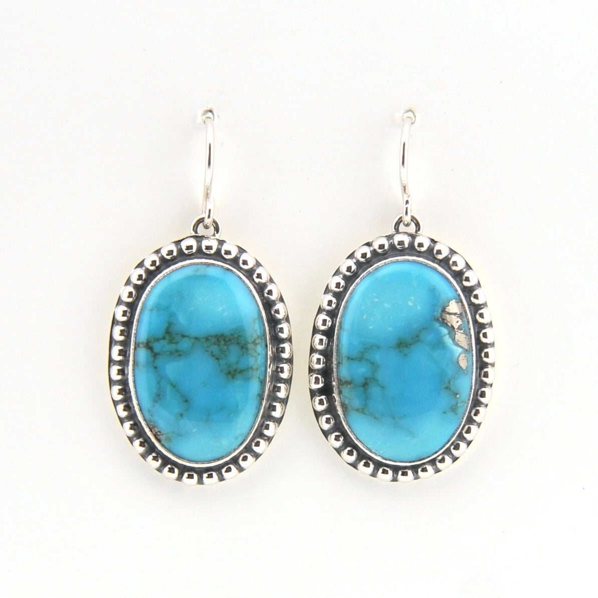 Turquoise earrings with silver frames on a white background