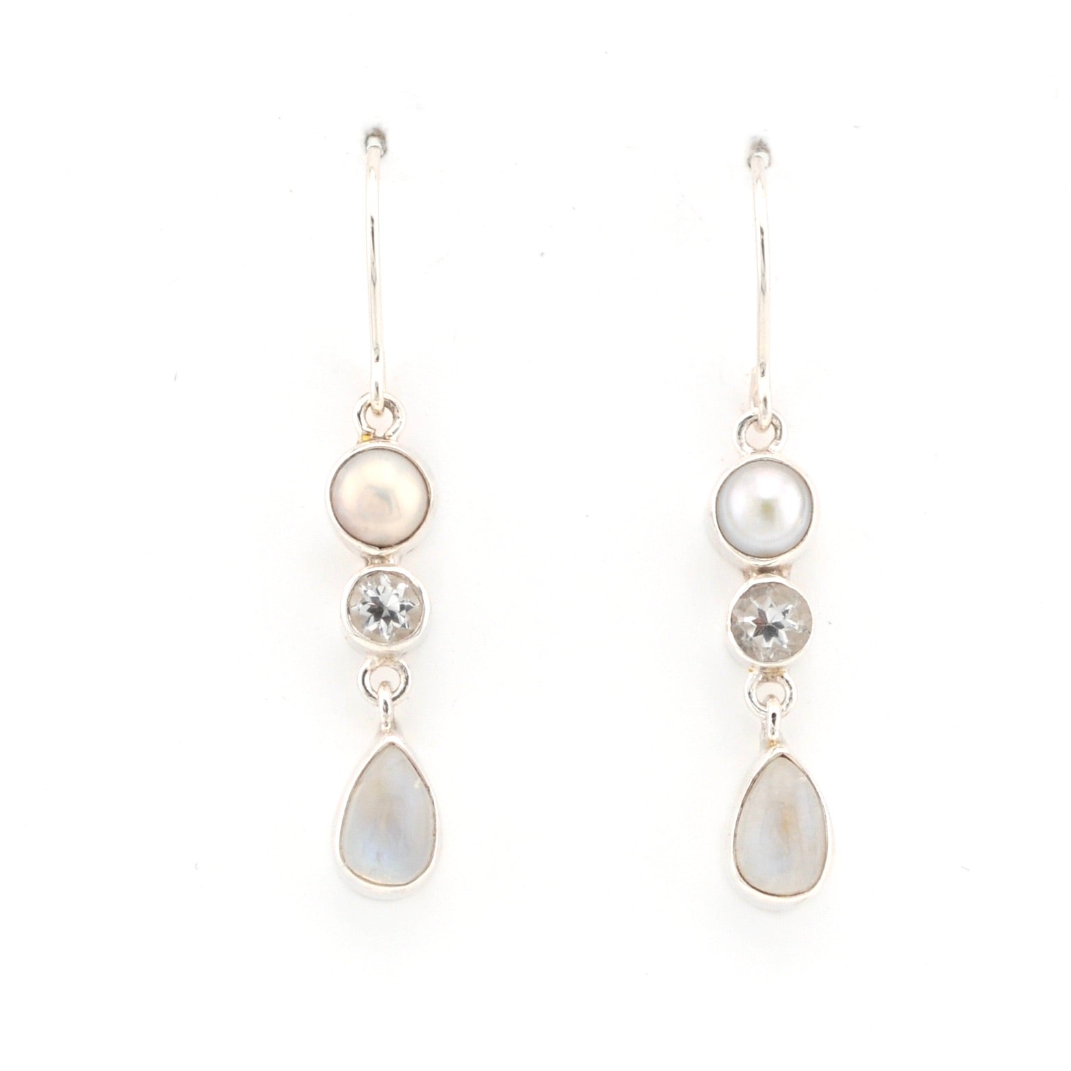 Front View Moonstone White Topaz Pearl Dangle Earrings