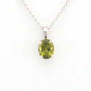 Green gemstone pendant on a silver chain against a white background