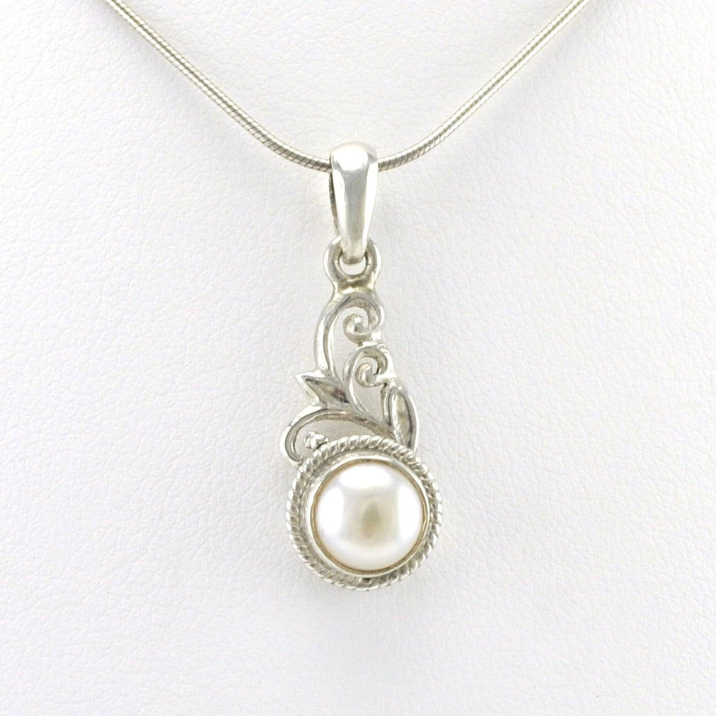 Front View Silver 7mm Pearl Scroll Pendant