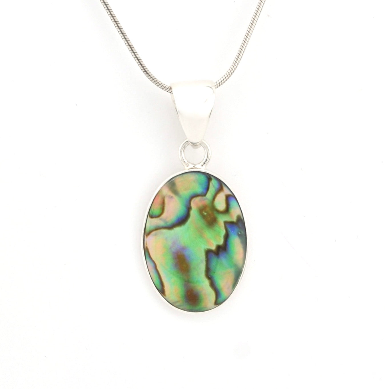 Oval abalone shell pendant on a silver chain against a white background
