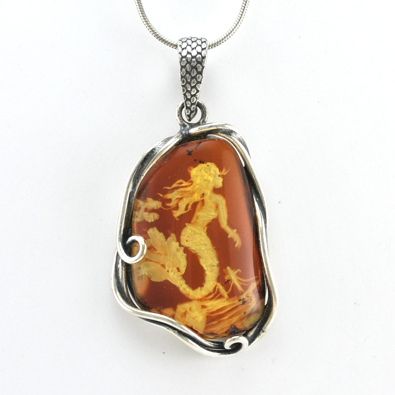 Front View Silver Amber Intaglio Mermaid Pendant