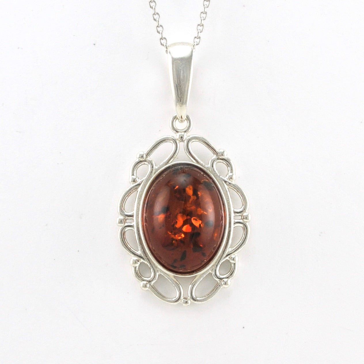 Front View Silver Amber Oval Necklace 2