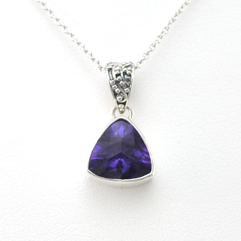 Front View Silver Amethyst 10mm Trillion Necklace