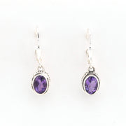Front View Silver Amethyst 5x7mm Oval Bali Dangle Earrings