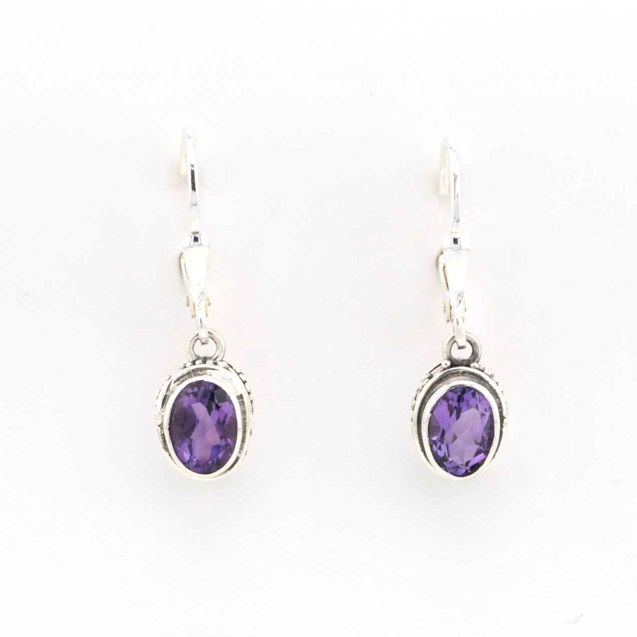 Front View Silver Amethyst 5x7mm Oval Bali Dangle Earrings