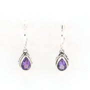 Front View Silver Amethyst 5x7mm Tear Bali Dangle Earrings