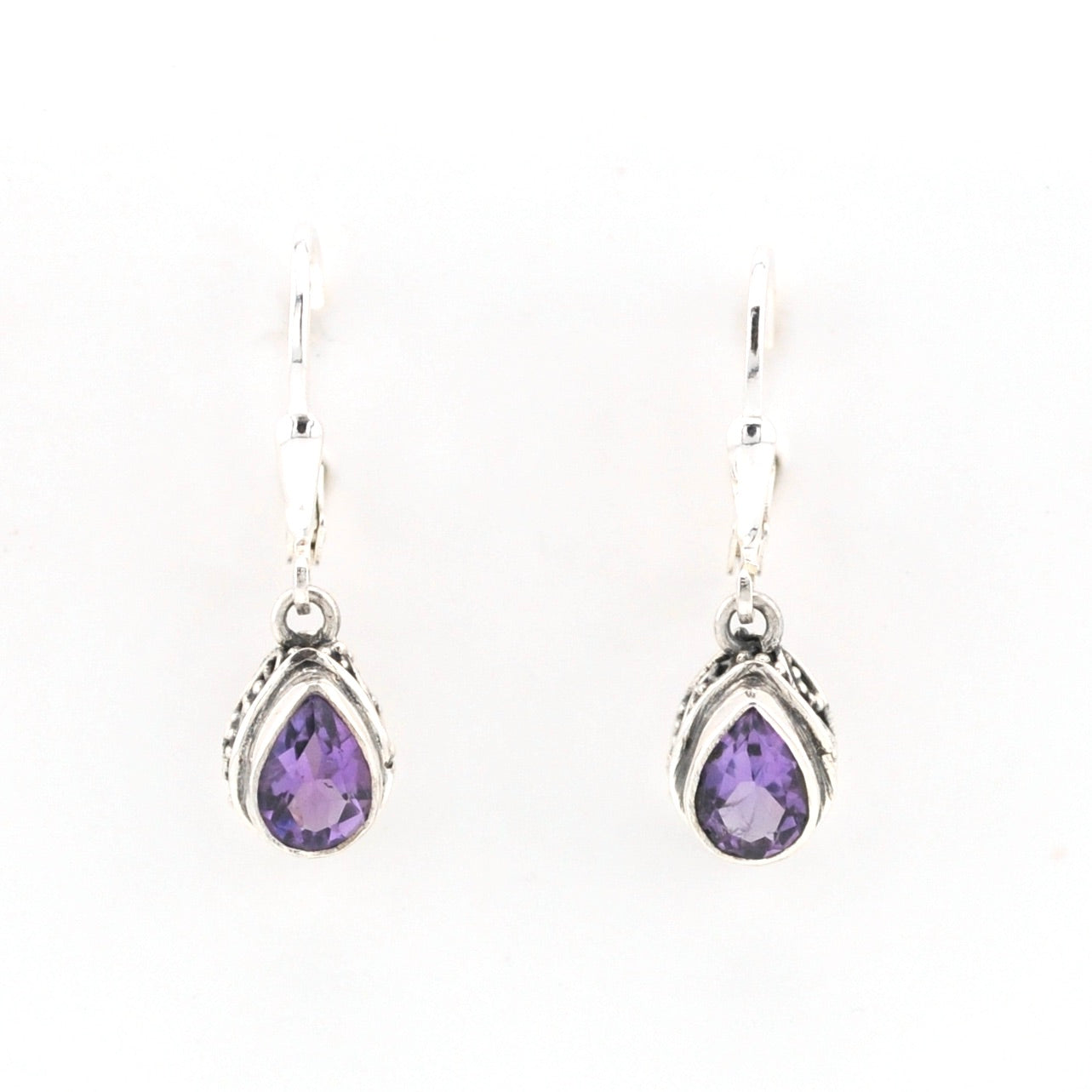 Front View Silver Amethyst 5x7mm Tear Bali Dangle Earrings