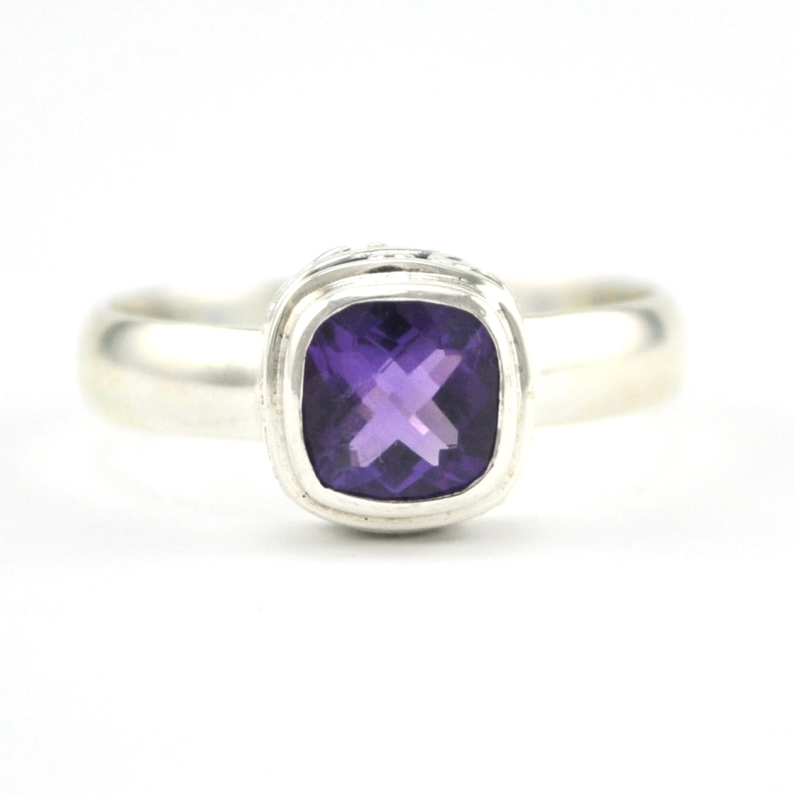 Front View Silver Amethyst 6mm Square Bali Ring